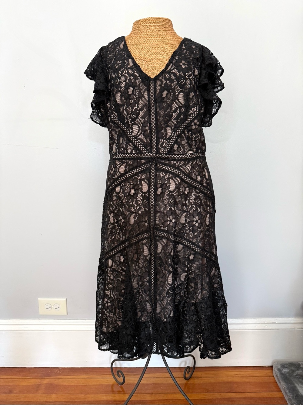 Taylor Black Lace Midi Dress with Nude Underlayer